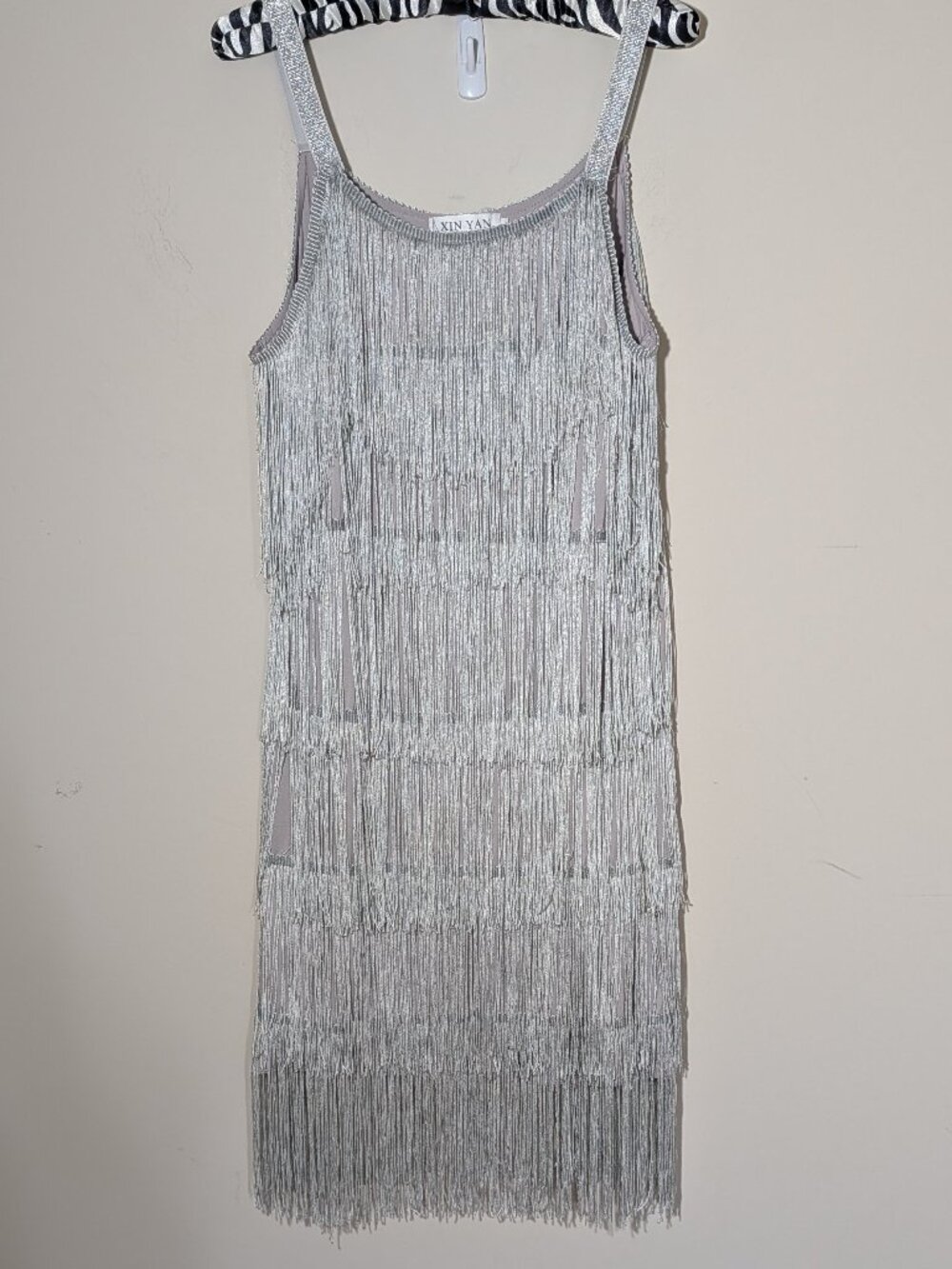Xin Yan Silver Old Money Flapper Fringed Grey Midi Dress Size L